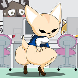 anthro bedroom_eyes big_breasts big_butt blush bottomless breasts butt chair clothed clothing computer crouching electronics female female_focus footwear fur furniture group half-closed_eyes hand_on_butt high_heels huge_butt inside looking_at_viewer looking_back male narrowed_eyes partially_clothed presenting presenting_hindquarters pumps rear_view seductive shoes shortstack smile solo_focus thick_thighs wide_hips eifiemoth aggretsuko sanrio fenneko haida_(aggretsuko) retsuko ailurid canid canine fennec_fox fox hyena mammal red_panda spotted_hyena true_fox 1:1 hi_res