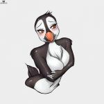 anthro beak black_body black_feathers blush breasts brown_eyes chest_tuft covering covering_self crossed_arms eyebrows eyelashes feathers female navel non-mammal_breasts nude orange_eyes simple_background smile solo text tuft white_background white_body white_feathers hotbento pearl_(boolean) alcid atlantic_puffin avian bird lari puffin 1:1 2017 english_text hi_res