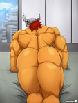 anthro armor back_muscles biceps butt city cityscape hair headgear helmet horn horned_helmet looking_back male muscular muscular_anthro muscular_male nude orange_body presenting presenting_hindquarters red_hair solo zuwardo bandai_namco digimon digimon_(species) scalie wargreymon absurd_res hi_res