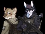 7fennec7 anthro backpack black_body black_fur blue_eyes clothing duo fur gun hk416 hoodie looking_at_viewer male male/male ranged_weapon rifle striped_body striped_fur stripes tactical_gear tarkov topwear weapon yellow_eyes escape_from_tarkov erik_axelsson canid canine canis domestic_dog husky mammal nordic_sled_dog siberian_husky spitz absurd_res alpha_channel hi_res