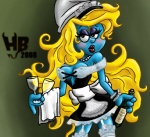 blonde_hair blue_body blue_skin clothing eyelashes female hair hat headgear headwear maid_uniform not_furry phrygian_cap solo uniform hentai_boy_(artist) the_smurfs smurfette humanoid smurf grandfathered_content