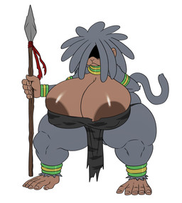 anthro areola areola_slip big_breasts biped bottomwear breasts brown_areola cleavage clothed clothing curvy_figure dreadlocks elderly elderly_female female fur grey_body grey_fur grey_hair hair hair_over_eyes hand_behind_back holding_melee_weapon holding_object holding_polearm holding_spear holding_weapon huge_breasts loincloth mature_anthro mature_female melee_weapon nipple_outline polearm simple_background solo spear standing thick_thighs tribal voluptuous weapon white_background wide_hips sssonic2 haplorhine mammal monkey primate 2020 digital_media_(artwork) hi_res