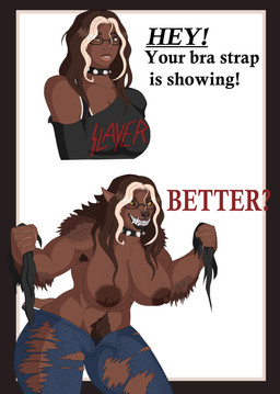 abs alternative_fashion arm_tuft armpit_hair band_t-shirt big_breasts big_muscles body_hair bottomwear bra bra_strap breast_expansion breasts brown_hair claws clothed clothing collar dark_body dark_nipples dark_skin denim denim_bottomwear denim_clothing denim_shorts dialogue expansion eyewear female fur fur_growth glasses growth hair highlights_(coloring) huge_breasts huge_muscles huge_thighs muscle_growth muscular muscular_female open_bottomwear open_clothing open_pants pants pointy_ears pubes sharp_teeth shorts simple_background smile solo spiked_collar spikes tail tail_bulge tail_growth tearing_clothing teeth text thick_thighs topwear torn_bottomwear torn_clothing torn_topwear transformation tuft two_panel_image underwear undressing wavy_hair yellow_eyes ysirieanart bra_strap_showing_(meme) mythology slayer_(band) khiara_(ysirianart) canid canine human mammal mythological_canine mythological_creature werecanid werecanine werecreature werewolf absurd_res cel_shading digital_drawing_(artwork) digital_media_(artwork) english_text hi_res meme shaded simple_shading