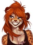 2021 anthro blue_eyes breasts brown_hair cheetah clothed clothing digital_media_(artwork) eyebrows eyelashes felid feline female furlana hair hi_res mammal simple_background smile solo teeth white_background