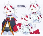 ahoge anthro breasts clothed clothing female female_anthro female_symbol fur gender_symbol hair heterochromia inner_ear_fluff kemono looking_at_viewer navel red_body red_fur red_hair small_breasts solo symbol text tomboy tuft white_body white_fur white_hair devil-vox knia_(devil-vox) canid canine fox mammal 2022 absurd_res digital_media_(artwork) english_text hi_res multiple_images