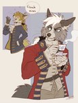 alternative_fashion anthro beverage blonde_hair blue_eyes british classy clothing coat duo french fur grey_body grey_fur hair j-fashion male ouji_(fashion) red_clothing red_coat red_topwear rococo_clothing tea topwear victorian tatujapa edgar_vladilisitsa maxwell_(tatujapa) canid canine fox mammal absurd_res hi_res