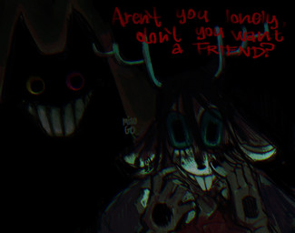 anthro black_background black_body blood blue_sclera bodily_fluids duo female heterochromia horn simple_background text miaogo deltarune undertale_(series) dess_holiday friend_(deltarune) deer domestic_cat felid feline felis mammal new_world_deer reindeer 2025 hi_res