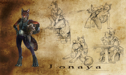 anthro backpack bar breasts clothed clothing container cup digitigrade drunk female furniture jonaya knife nipples open_clothing open_shirt open_topwear shirt solo substance_intoxication table tail tomboy topwear yellow_eyes alectorfencer canid canine fox mammal 5:3 model_sheet