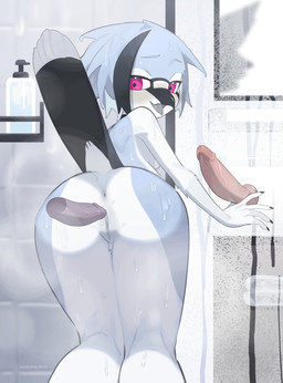 5_fingers anthro anus bathroom beak biped blue_body blue_hair blush breasts butt dildo erection feathers female fingernails fingers genitals hair humanoid_genitalia humanoid_penis inside looking_at_viewer looking_back looking_back_at_viewer mirror nails non-mammal_breasts nude nude_anthro nude_female open_beak open_mouth penis pink_eyes rear_view sex_toy solo standing suction_cup_dildo tail tail_feathers vulva wet wet_body kaltespur rojack_(kaltespur) avian bird blue_jay corvid jay_(bird) new_world_jay oscine passerine 2025 absurd_res digital_media_(artwork) hi_res