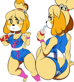 anthro bell bell_collar beverage big_butt blush blush_stickers bodily_fluids breasts butt butt_from_the_front camel_toe clothed clothed_anthro clothed_female clothing collar drinking_straw drinking_straw_in_mouth eyebrow_through_hair eyebrows female fingers fur furgonomics genital_outline genitals hair holding_beverage holding_object humanoid_hands leotard looking_aside looking_at_viewer markings medium_breasts multiple_poses neutral_expression orange_body orange_fur pose raised_eyebrow shadow side_eye simple_background sitting solo spots spotted_markings standing sweat sweaty_armpit sweaty_breasts sweaty_genitalia sweaty_vulva tail translucent translucent_hair vulva vulva_outline white_background white_body white_fur workout_clothing wristband yellow_body yellow_fur isolatedartest animal_crossing nintendo isabelle_(animal_crossing) canid canine canis domestic_dog mammal shih_tzu toy_dog 2018 absurd_res colored hi_res shaded