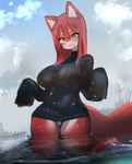 anthro big_breasts biped black_clothing black_sweater black_topwear blue_clothing blue_panties blue_underwear blush blush_stickers breasts clothed clothing cloud countershade_face countershade_fur countershade_legs countershading day detailed_background dripping dripping_wet eyelashes female female_anthro front_view fur hair harbor kemono looking_at_viewer macro macro_anthro macro_female monotone_hair monotone_tail multicolored_body multicolored_fur outside oversized_clothing oversized_topwear panties partially_submerged pier pink_body pink_ears pink_fur pink_hair pink_tail sea ship sky solo standing sweater sweater_dress tail topwear two_tone_body two_tone_fur underwear upskirt vehicle water watercraft wet white_body white_countershading white_fur white_inner_ear yellow_eyes utterangle unnamed_fox_(utterangle) canid canine fox mammal absurd_res colored digital_media_(artwork) half-length_portrait hi_res portrait shaded