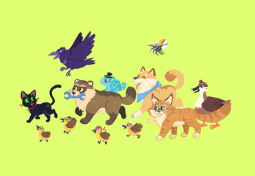 :3 ambiguous_gender black_body black_fur blue_eyes brown_body brown_fur clothing countershading eyes_closed feral flying fur green_eyes group hankerchief hat headgear headwear open_mouth paws scar simple_background walking whiskers white_body white_fur wretch yellow_background yellow_eyes young shanhorandraws little_kitty_big_city beetle_intern_(lkbc) big_potato_(lkbc) chameleon_(lkbc) little_kitty_(lkbc) tanuki_(lkbc) veteran_cat_(lkbc) anatid anseriform arthropod avian beetle bird canid canine chameleon duck insect lizard mammal raccoon_dog reptile scalie tanuki 2025 hi_res official_art