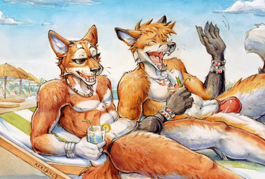 5_fingers anthro athletic athletic_anthro athletic_male beach beach_chair beverage biped black_nose blue_sky bodily_fluids bottomwear bracelet brown_bottomwear brown_clothing bulge cheek_tuft claws clothed clothing cloud crying_laughing day detailed_background dipstick_ears duo ear_markings eyebrows eyes_closed eyewear facial_tuft fangs finger_claws fingers fur gloves_(marking) head_tuft holding_beverage holding_object inner_ear_fluff jewelry laugh male male_anthro markings multicolored_ears necklace nipples obscured_eyes open_mouth orange_body orange_fur outside pecs pink_nipples red_bottomwear red_clothing sand seaside sky sunglasses tears teeth tongue topless tuft wearing_sunglasses whiskers white_body white_fur akatan_art bruma_(rinzazen) chuck_talbot canid canine canis ethiopian_wolf fox mammal red_fox true_fox 2023 dated hi_res painting_(artwork) signature traditional_media_(artwork) traditional_painting_(artwork) traditional_watercolor_(artwork) watercolor_(artwork)