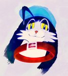 anthro big_collar black_body black_fur collar disembodied_head fur looking_at_viewer looking_down looking_down_at_viewer male oversized_collar smile solo white_body white_fur yellow_eyes moon-watcher bandai_namco klonoa_(series) klonoa domestic_cat felid feline felis mammal absurd_res hi_res