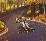 5_fingers anthro clothed clothing day detailed_background fingers forest grass male outside plant road skateboard solo tree vehicle ticl lemur mammal primate strepsirrhine 2021 digital_media_(artwork)