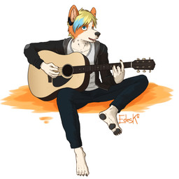 4_toes 5_fingers acoustic_guitar alternative_fashion anthro barefoot biped blue_eyes clothed clothed_anthro clothed_male clothing feet fingers guitar hindpaw hoodie looking_at_viewer male male_anthro musical_instrument musician pawpads paws piercing playing_guitar playing_music plucked_string_instrument punk shirt simple_background sitting solo string_instrument toes topwear white_background edesk canid canine canis domestic_dog herding_dog mammal pastoral_dog welsh_corgi 1:1 hi_res