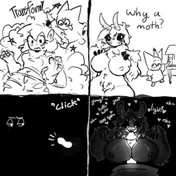 after_transformation anthro breast_play breasts duo fellatio female female_anthro fluffy genitals glowing glowing_genitalia glowing_penis heart_symbol human_to_anthro male male/female mind_alteration mind_control nipples oral penile penis questionable_consent sex sound_effects species_transformation thick_thighs titfuck transformation transformation_sequence altcat arthropod felid human humanoid insect lepidopteran mammal moth 1:1 comic greyscale hi_res monochrome