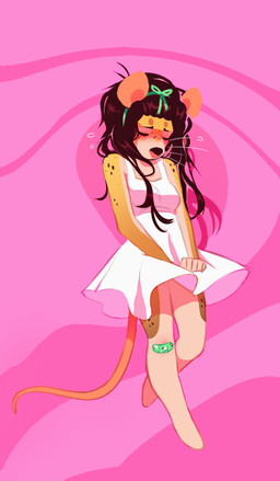 abstract_background accessory anthro band-aid bandage barefoot biped bottomwear bow_(feature) bow_accessory bow_ribbon brown_hair clothing dress eyes_closed feet female hair hair_accessory hair_bow hair_ribbon pink_background ribbons simple_background skirt solo wind young young_anthro young_female fayleh mammal mouse murid murine rodent digital_media_(artwork)