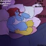 1:1 alphys anthro big_breasts blue_blanket blue_body blue_scales bottomwear bra breasts clothing dinosaur duo face_in_belly female fish grey_bottomwear grey_clothing grey_pants hair hand_holding hi_res marine number overweight overweight_female pants prehistoric_species red_eyes red_hair reptile romantic romantic_couple scales scalie signature sleeping text undertale_(series) underwear undyne weight_gain wenisberry white_bra white_clothing white_underwear