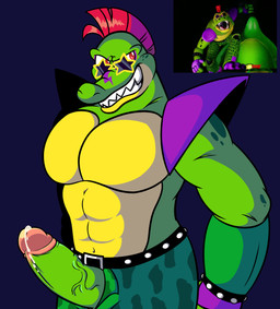 abs anthro barazoku belt biceps big_muscles big_pecs big_penis biped bodily_fluids bottomwear bracelet clothed clothing erection eyewear fingerless_gloves genital_fluids genitals glistening glistening_eyes gloves green_body hair handwear humanoid_genitalia humanoid_penis jewelry male mohawk muscular muscular_anthro muscular_male navel pants pecs penis penis_poking_out penis_through_fly pose precum red_eyes red_hair sharp_teeth shoulder_pads smile solo standing star_sunglasses sunglasses tan_body teeth vein veiny_penis single-eye five_nights_at_freddy's five_nights_at_freddy's:_security_breach scottgames steel_wool_studios montgomery_gator alligator alligatorid crocodilian reptile scalie 2021 digital_media_(artwork) hi_res pinup