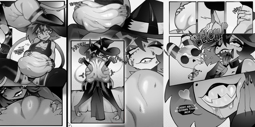 abdominal_bulge after_vore anthro belly big_belly bodily_fluids bone burping dialogue digestion duo fatal_vore female female_pred male male/female male_prey oral_vore profanity same_size_vore skull snuff speech_bubble sweat text vore voremaxx hellaverse helluva_boss millie_(helluva_boss) moxxie_(helluva_boss) comic english_text hi_res monochrome
