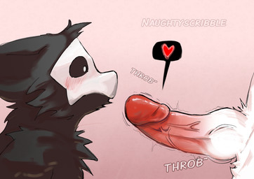 anthro black_body black_sclera blush blush_lines bone bone_mask duo fluffy fluffy_chest fur genitals heart_symbol humanoid_genitalia humanoid_penis imminent_oral imminent_sex knot knotted_penis male male/male mask nervous onomatopoeia penis red_penis skull skull_mask sound_effects staring_at_penis text thick_penis throbbing vein veiny_penis white_eyes white_mask naughtyscribble changed_(video_game) dr._k_(changed) puro_(changed) goo_creature hi_res