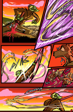 ambiguous_gender anthro blood bodily_fluids chain clothed clothing duo female gore melee_weapon sword tail text weapon brradett lernie_(brradett) scalie absurd_res colored comic hi_res