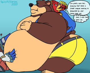 anthro backpack beak belly belly_overhang belly_squish big_belly big_cheeks blue_eyes blush bottomwear brown_body brown_fur butt chubby_cheeks clothed clothing exposed_belly face_in_belly feathers female fur green_eyes group holding_belly huge_belly hyper hyper_belly kneeling leaning leaning_forward male mocking moobs morbidly_obese morbidly_obese_male obese obese_male open_mouth overweight overweight_male simple_background smile squish teasing text thick_thighs spicy_wahtte banjo-kazooie nintendo rareware star_fox banjo_(banjo-kazooie) falco_lombardi kazooie avian bear bird breegull falcon falconid mammal 2020 absurd_res crossover digital_drawing_(artwork) digital_media_(artwork) english_text hi_res signature sketch