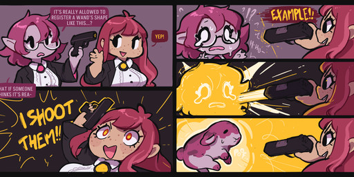 bodily_fluids breasts dialogue duo eyewear female feral freckles glasses grey_background gun hair holding_gun holding_object holding_ranged_weapon holding_weapon humanoid_pointy_ears humanoid_to_feral interrobang magic pink_hair pointy_ears ranged_weapon red_hair simple_background smile species_transformation surprised sweat tail text transformation weapon eerieviolet human humanoid lagomorph leporid mammal rabbit 2022 comic digital_media_(artwork) english_text hi_res