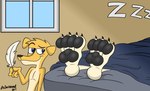 anthro bed blue_eyes detailed_background duo feathers feet foot_fetish foot_focus foot_play fur furniture humanoid_feet imminent_tickling inside lying male multicolored_body multicolored_fur on_back plantigrade sleeping smile sound_effects tan_body tan_fur tickle_fetish toes two_tone_body two_tone_fur vowelless vowelless_sound_effect yellow_body yellow_fur zzz doritohead kaine_lewis wally_pembroke canid canine canis corgidor domestic_dog german_shepherd herding_dog mammal mixed_breed pastoral_dog 2017 artist_name digital_media_(artwork) hi_res signature