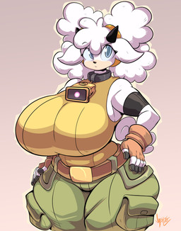 anthro bell bell_collar belt big_breasts blue_eyes bottomwear breasts clothing collar eyebrows eyelashes female fingerless_gloves gloves hands_on_hips handwear horn huge_breasts pants solo tail thick_thighs white_body wide_hips jaeh idw_publishing sega sonic_the_hedgehog_(comics) sonic_the_hedgehog_(idw) sonic_the_hedgehog_(series) lanolin_the_sheep_(sonic) bovid caprine mammal sheep 2026 absurd_res hi_res signature