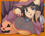 5_fingers anthro big_breasts black_hair black_nose blush breasts colored_nails female fingers hair holidays inner_ear_fluff long_nails looking_at_viewer nails open_mouth red_nails smile solo tan_body tuft arumo halloween komena_akamori canid mammal 2021 hi_res