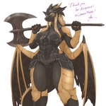 1:1 5_fingers absurd_res anthro armor axe big_breasts black_body blonde_hair boob_armor breastplate breasts double_bitted_axe dragon female fingers greataxe grey_body hair headgear helmet hi_res horn looking_at_viewer membrane_(anatomy) membranous_wings muscular muscular_female mythological_creature mythological_scalie mythology nakamura scalie simple_background solo tail text thick_thighs weapon white_background wide_hips wings yellow_eyes