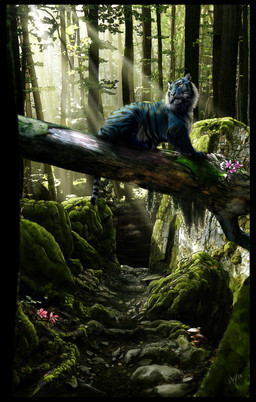 ambiguous_gender black_stripes blue_body blue_fur countershading crouching detailed_background ear_piercing feral flower forest fungus fur in_tree light light_beam log looking_back moss mushroom nature outside perching piercing plant rock sitting solo stripes sunbeam sunlight tree white_body white_countershading wood novawuff enaxn_(character) felid mammal pantherine tiger hi_res