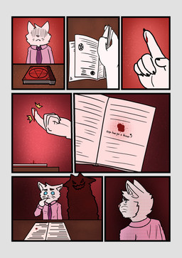 anthro blood bodily_fluids church clothing collared_shirt dress_shirt male necktie pact religion shirt solo topwear whiskers lewd_catto jesus_(lewd_catto) demon domestic_cat felid feline felis mammal absurd_res comic hi_res