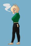 anthro barefoot clothing cloven_hooves feet female hole_in_pants hooves jacket looking_down simple_background smoke smoking solo topwear hitsuji shio_(hitsuji) alpaca camelid mammal hi_res