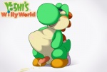 abdominal_bulge anal anthro balls big_nose biped blush bodily_fluids clothing cum cum_on_penis erection footwear genital_fluids genitals half-closed_eyes male narrowed_eyes nude open_mouth orgasm parody penis shoes smile solo standing text tongue coast_(artist) mario_bros nintendo yoshi's_woolly_world green_yoshi yarn_yoshi yoshi english_text