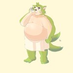 anthro belly bottle clothed clothing container drinking eyebrows fur green_body green_fur male milk milk_bottle overweight solo tail tail_motion tailwag thick_eyebrows topless towel toto3_official lifewonders live_a_hero mokdai canid canine canis domestic_dog mammal 1:1