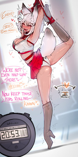 accessory balancing bdsm big_breasts blush bodily_fluids bondage boots bottomwear bouncing_breasts bound breasts cheerleader_outfit cleavage clock clothed clothed_female clothed_humanoid clothing crop_top crotch_rope dialogue female flower flower_in_hair fluffy fluffy_tail footwear fox_ears gameplay_mechanics hair hair_accessory hands_above_head hands_tied heart_symbol high_heeled_boots high_heels knee_boots knee_highs legs_tied legwear panties plant red_bottomwear red_clothing red_skirt restraints rope rope_bondage shirt shoes skirt solo speech_bubble stopwatch sweat tail text topwear underwear watch white_clothing white_hair white_panties white_underwear ehrrr tsuru_(ehrrr) animal_humanoid canid canid_humanoid canine canine_humanoid fox_humanoid humanoid mammal mammal_humanoid 2025 absurd_res english_text hi_res