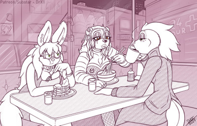 anthro beverage big_breasts breasts clothed clothing diner ear_piercing eating eyewear female fishnet_clothing food fur furniture glasses goggles group hair nipples non-mammal_breasts pancake piercing prostitution restaurant sitting smeared_mascara smile tail topwear drxii beejay_bearkowitz niq_(tres) phu_(foo) ailurid lizard mammal red_panda reptile scalie digital_media_(artwork) hi_res