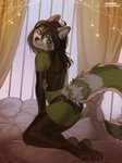 anthro brown_hair clothed clothing detailed_background feet femboy fur green_body green_fur hair kneeling legwear male pose smile solo stockings thigh_highs toeless_legwear eihman aster_(astervera) ailurid mammal red_panda 2020 digital_media_(artwork)