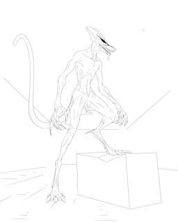 anthro black_eyes chimera_(kunako) claws fangs feet fur long_tail male membrane_(anatomy) nude open_mouth simple_background slim solo standing tail tall teeth toe_claws white_background kunako 4:5 absurd_res black_and_white digital_drawing_(artwork) digital_media_(artwork) hi_res line_art monochrome