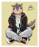 anthro blush border clothing crossed_legs footwear fur grey_body grey_fur jacket jewelry male necklace scar shoes sitting smile sneakers solo topwear white_border kt0414143919 lifewonders tokyo_afterschool_summoners moritaka_(tas) canid canine canis domestic_dog mammal hi_res