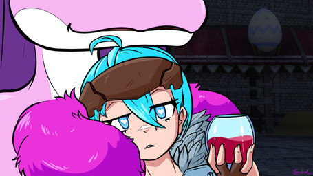 alcohol ambiguous_gender anthro between_breasts beverage blue_eyes blue_hair breasts chest_tuft container cup drinking_glass egg eyelashes female fur glass glass_container glass_cup hair head_between_breasts heart_eyes heart_symbol holding_container holding_cup holding_drinking_glass holding_object holding_wine_glass human_on_anthro interspecies larger_anthro looking_at_viewer pink_body pink_fur pink_skin resting_on_partner screencap screencap_background size_difference smaller_human tuft white_body white_skin wine wine_glass gunshad konosuba:_god's_blessing_on_this_wonderful_world! palworld pocketpair human lovander mammal pal_(species) 16:9 2024 digital_media_(artwork) hi_res meme redraw signature widescreen