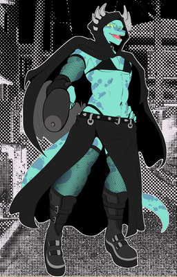 anthro biped clothing eyebrows fishnet_clothing fishnet_legwear horn legwear male markings navel non-mammal_navel open_mouth sharp_teeth solo spots spotted_arms spotted_legs spotted_markings spotted_tail spotted_thighs tail tail_markings teeth thong_straps ventral_groove munkeesgomu kobold scalie hi_res