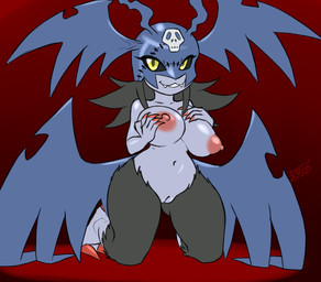 antennae_(anatomy) anthro areola big_breasts breast_squeeze breasts cute_fangs dark_sclera fangs female fur genitals grey_body grey_fur head_wings kneeling mask nipples shortstack solo squeezing teeth unusual_wing_placement vulva wings yellow_eyes furball bandai_namco digimon hex_(foxtalon) demidevimon demon digimon_(species) 2026