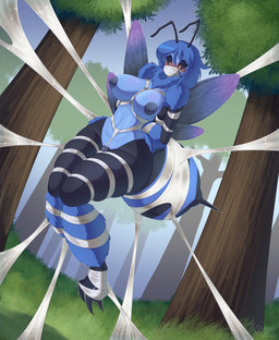 4_arms antennae_(anatomy) anthro areola arms_tied arms_tied_behind_back arthropod_abdomen arthropod_webbing bdsm black_body blue_body blue_fur blush bondage bound breasts claws dark_sclera female forest fur hands_behind_back insect_wings legs_tied markings multi_arm multi_limb multicolored_body nude plant solo stinger striped_markings stripes toe_claws tree web_bondage web_gag wings sugarvoids quyen_(sunder) arthropod bee blue_carpenter_bee carpenter_bee hymenopteran insect absurd_res digital_media_(artwork) hi_res