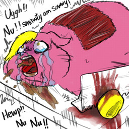 abuse animal_abuse blonde_hair blood bodily_fluids bound crying dialogue exposed_muscle feral flayed fur furniture gore hair hooves i_can't_believe_it's_not_feces lying mutilation on_front open_mouth pain pink_body pink_fur saw screaming shaking solo suffering table tears teeth text tongue tools torture trembling yellow_eyes yellow_hooves young young_feral yellowcottoncandy030 fluffy_pony fluffy_pony_(species) mammal 1:1 2025 broken_language english_text hi_res