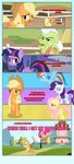 absurd_res applejack_(mlp) bangs black_border blue_body blue_feathers blue_wings border building character_narrating clothing cowboy_hat cutie_mark dialogue earth_pony english_text equid equine estories eyes_closed feathered_wings feathers female fence feral fluttershy_(mlp) friendship_is_magic frown grandchild_(lore) granddaughter_(lore) grandmother_(lore) grandmother_and_grandchild_(lore) grandmother_and_granddaughter_(lore) grandparent_(lore) grandparent_and_grandchild_(lore) granny_smith_(mlp) group hasbro hat headgear headwear hi_res horn horse mammal mane_six_(mlp) megaphone mountain my_little_pony mythological_creature mythological_equine mythology narrowed_eyes outside pegasus pinkie_pie_(mlp) pony ponyville rainbow_dash_(mlp) rarity_(mlp) spread_wings sweet_apple_acres text twilight_sparkle_(mlp) unicorn unimpressed white_fence winged_unicorn wings yelling yellow_body yellow_feathers yellow_wings