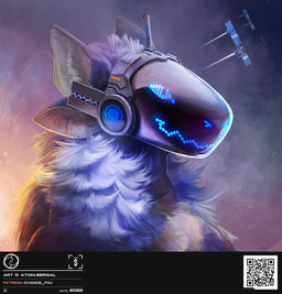 4_ears ambiguous_gender anthro machine multi_ear protogen_visor qr_code satellite screen screen_face simple_background solo atom_sergal protogen 2022 absurd_res headshot_portrait hi_res portrait